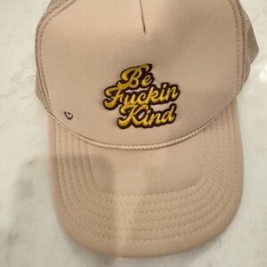 Lalaland Be F’n Kind Beige Trucker Hat with Yellow Embroidery